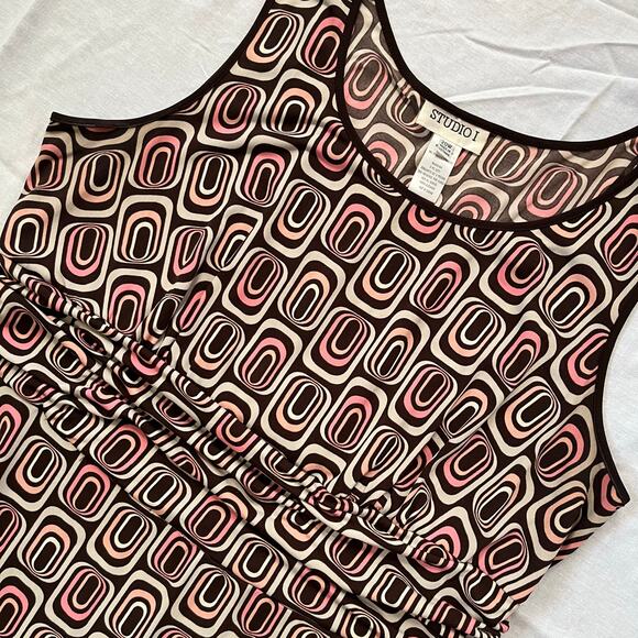 Vintage Y2K Pink Brown Midi Dress Swirl Abstract Fit‎ Flare // Plus Size 20W 2XL - Picture 3 of 6